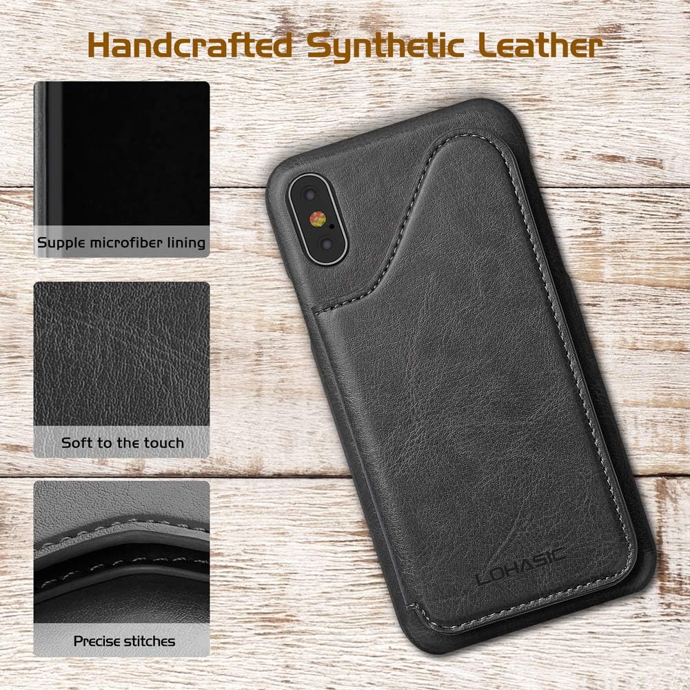LOHASIC for iPhone Xs Wallet Case, for iPhone X Phone Cover to Men Women, 5 Card Holder Premium PU Leather Credit Slot, Magnetic Clasp Kickstand Flip Folio Portfolio Pocket, 5.8 Inch - Black