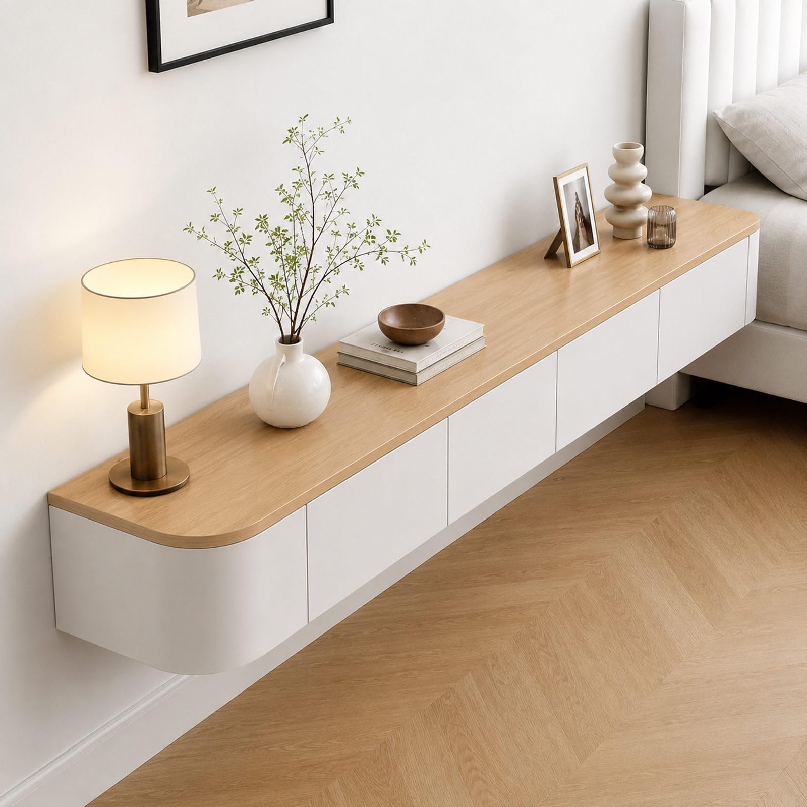 Meuble TV Mural Style Épuré avec Tiroirs et Coins Arrondis Wood White 1.6m