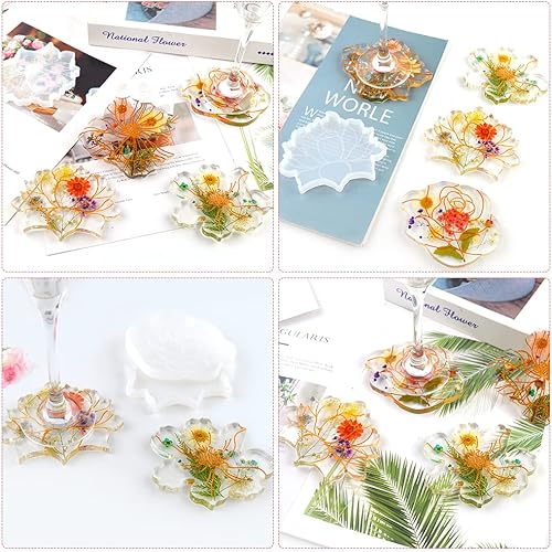 Miniatura 6 de KyeeaDIY Moldes de posavasos de resina, 4 moldes para posavasos de resina epoxi, molde de silicona para posavasos florales para fundición de resina