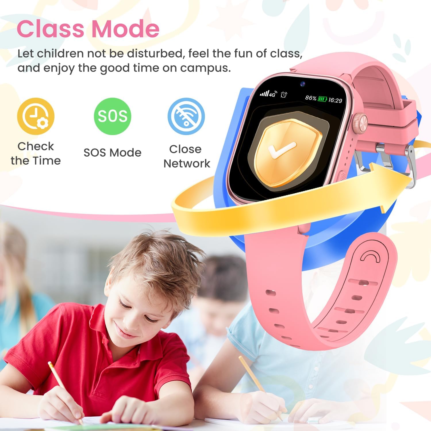Image showing the smartwatch in 'Class Mode' with icons for checking time, SOS mode, and closing network, emphasizing focus during school.