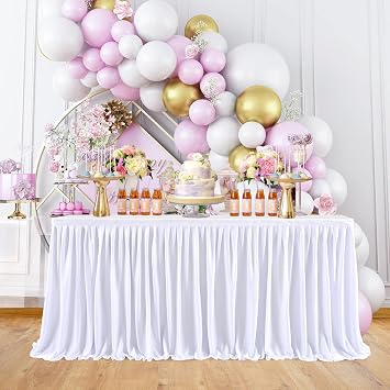 Table Skirt for Teacher Desk Classroom Wedding Baby Shower, White, 11ft | Pleated Table Cloth, Rectangle Tables, Ruffle Desk Skirts, Decorations, Birthday Party, Christening Summer, Banquet