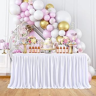 White 4ft Table Skirts for Rectangle Tables, Pleated Tablecloth for Christmas Baby Shower Wedding Decor Birthday Party Gender Reveal Dessert Cake Desk Decorations