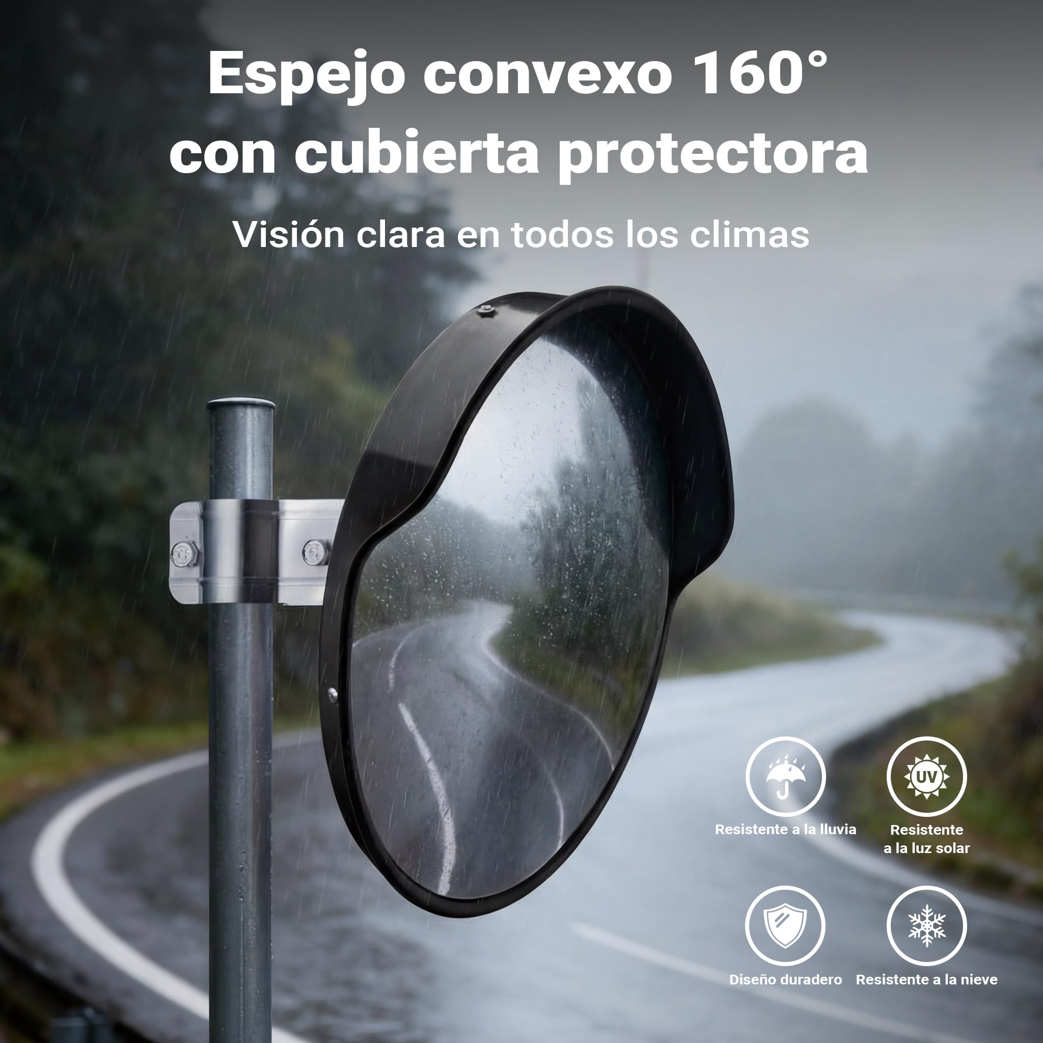 Wiltec Espejo de tráfico convexo 60 cm con cubierta protectora, color negro, espejo de seguridad redondo con campo de visión de 130°, diseño convexo para salidas, material de montaje incluido