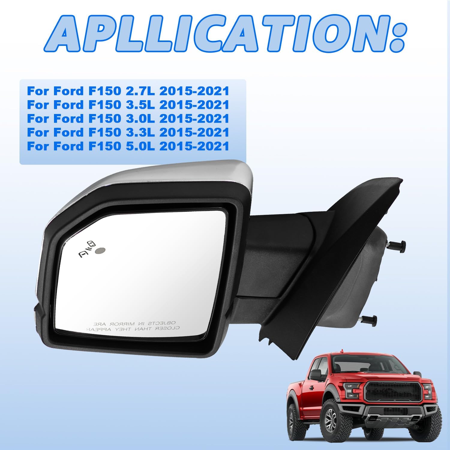 FL3Z17683PC 18 Pins Chrome Left Mirror with Blind Spot Compatible with Ford F-150 2015-2021 with Electric Folding Blind Spot Electroplating Turn Signal Replace JI3Z-17683-NA w/o Camera