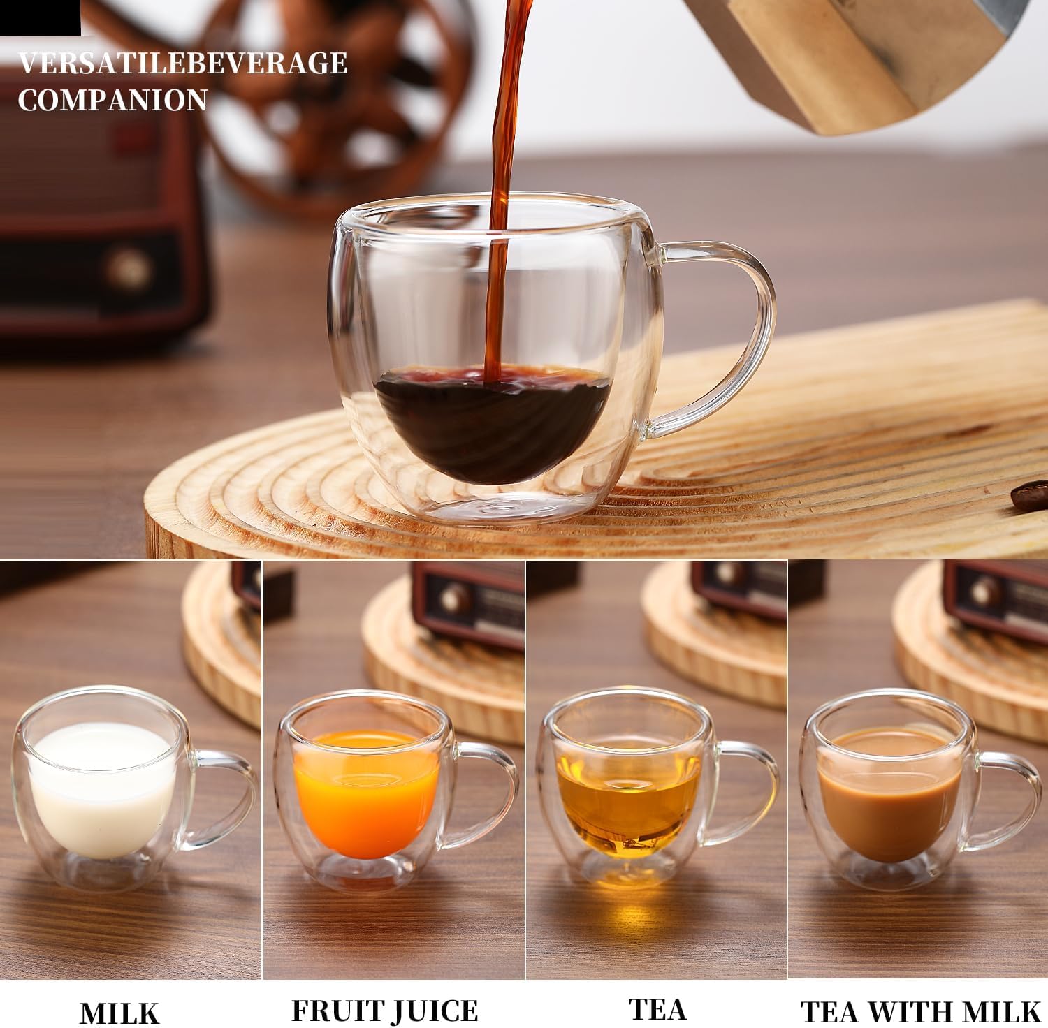 renovon Çift Katmanlı Cam Kupa Bardak 250 ml Lüx Çift Cidarlı kupa - Termos Bardak - İki Duvarlı Yapısı ile Uzun Süre Sıcak-Soğuk Tutma özelliği, Kulplu Kahve Espresso Bardağı Brosilikat double layer Cup