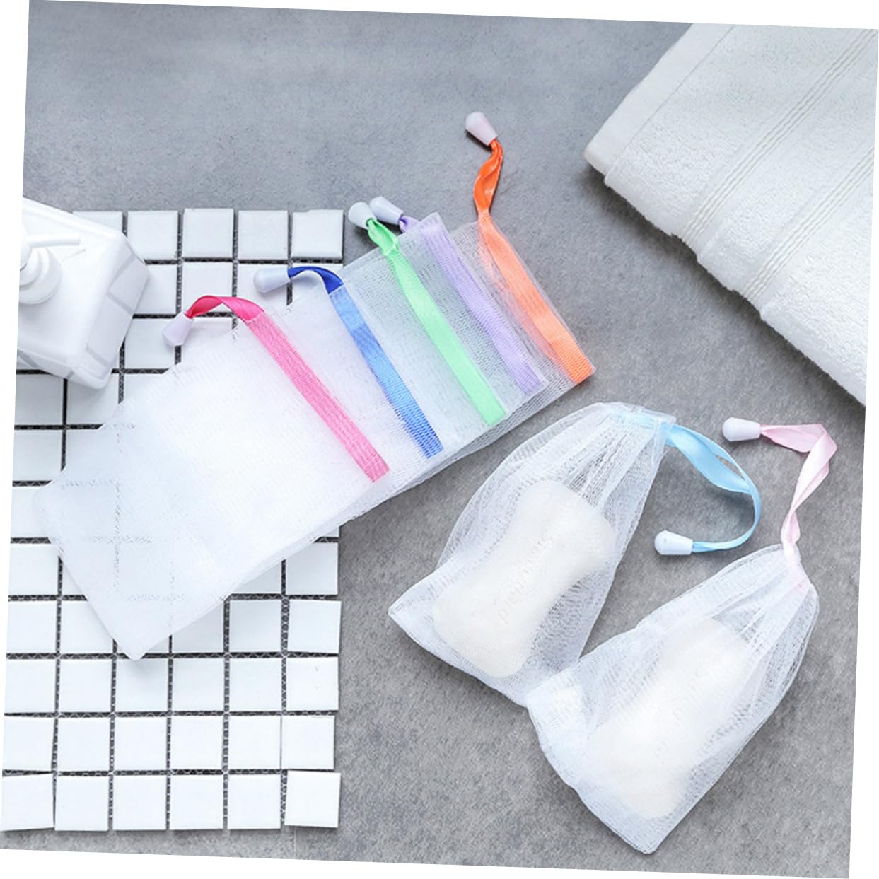 LIFKOME 50pcs Soap Mesh Pouch Set Colorful Bubble Net for Handmade Soap Portable Netting for Body and Facial Cleaning for Bath and Travel