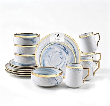 16 Piece Plates and Bowls Sets, Fine China Artisan Marbled Dinner Set for 4, Dishwahser Safe, Scratch Resistant, Blue with Gold Line