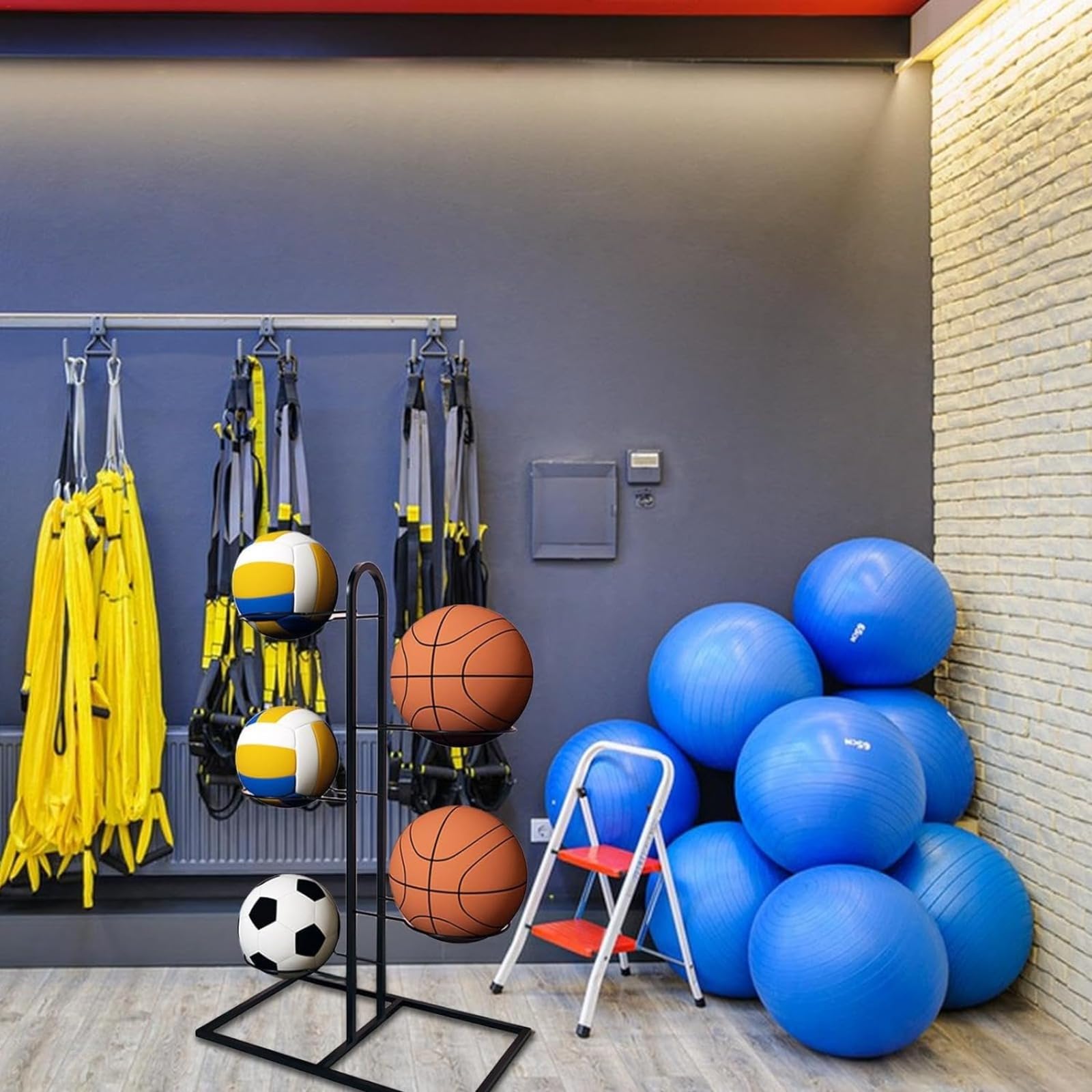 Estante vertical de almacenamiento para pelotas de baloncesto y fútbol, equipo deportivo, ahorra espacio, ideal para uso doméstico y gimnasio