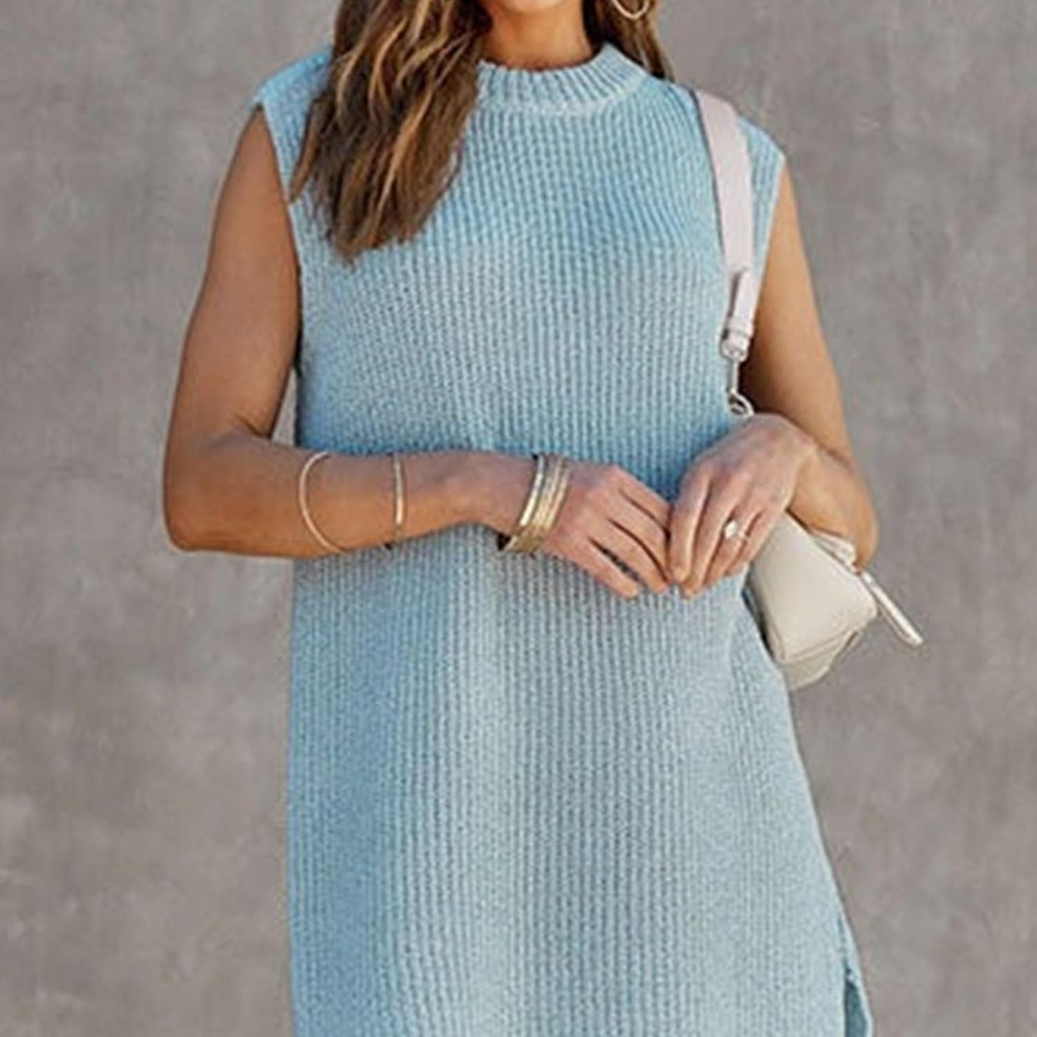 Women's Sleeveless Tank Knit Dress Round Neck Long Vest Tunic Sweater Dress Casual Ribbed Side Split Maxi Dress