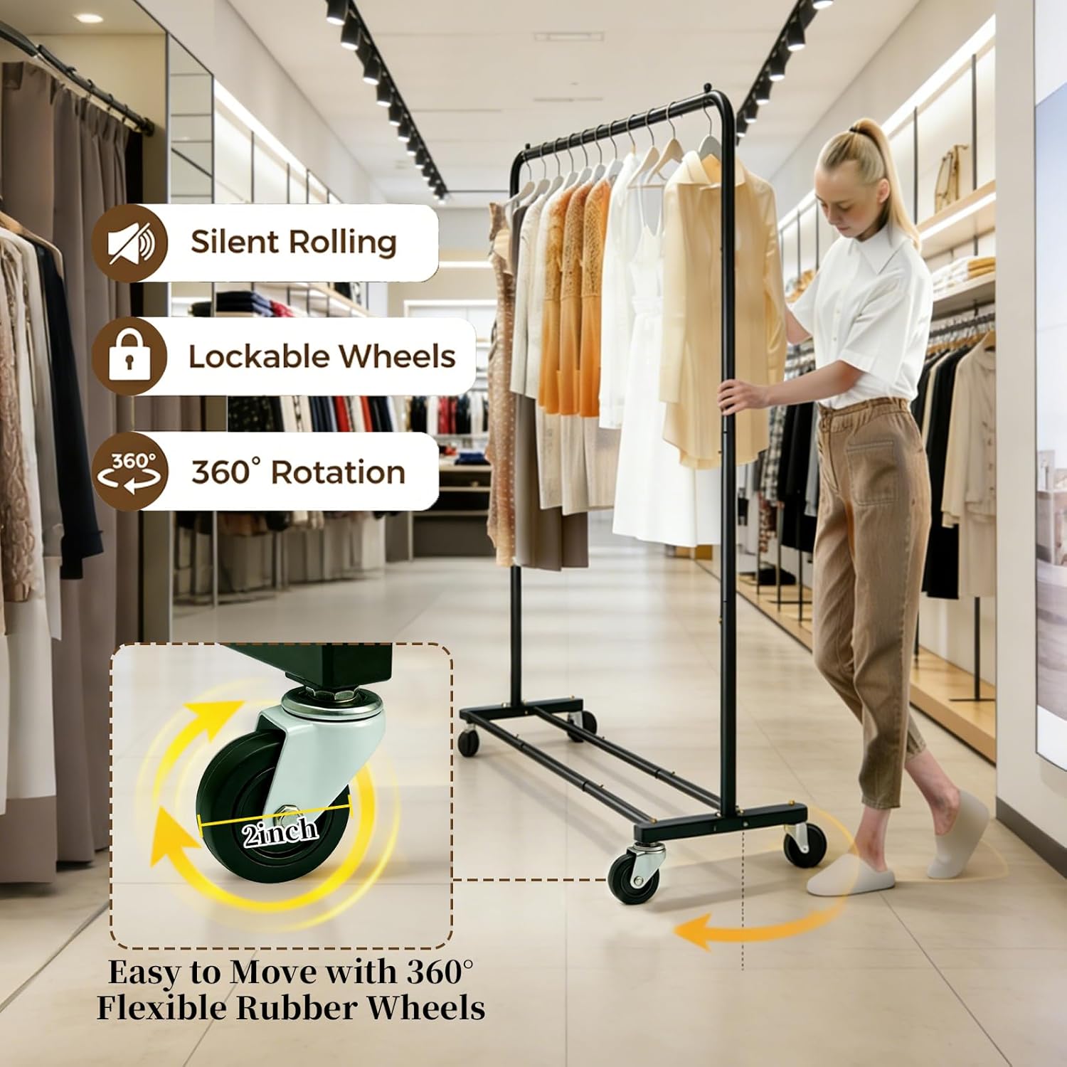 Heavy Duty Clothes Rack,Single Rod Rolling Clothes Rack with Bottom Shelf 110LB Capacity Garment Rack for Hanging Clothes Shirts Jeans,Coats Black