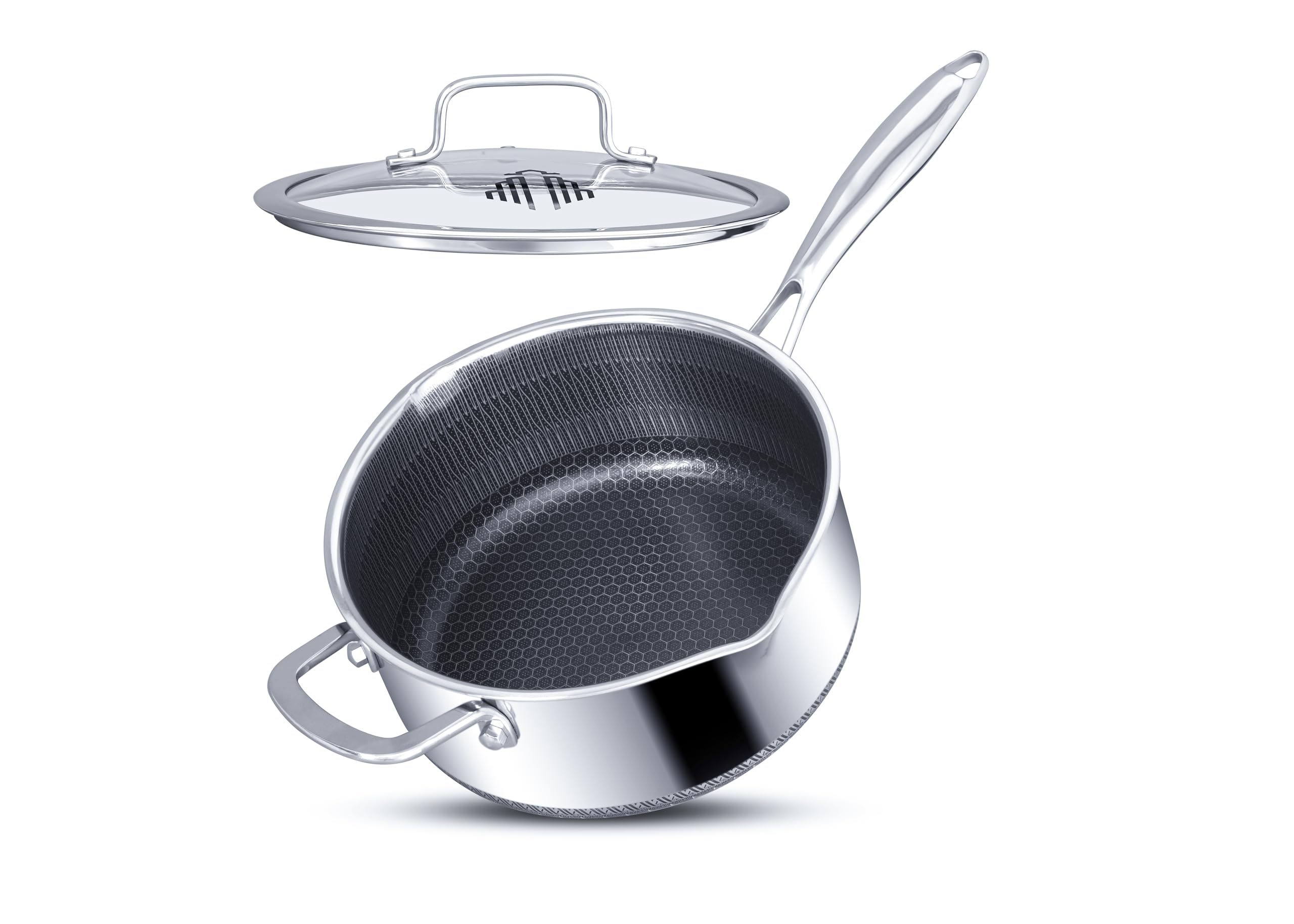 Stielkasserolle mit Deckel, 22 cm/3.5L, antihaftbeschichtet, für Induktion, Kochtopf mit Ausgießer, kühlbleibender Griff, kratzfest,