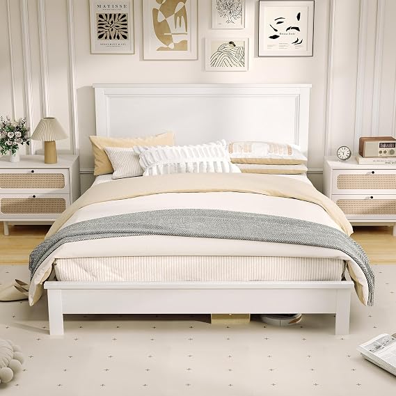 KOMFOTT Queen Size Wood Platform Bed Frame with Headboard, Wooden Mid Century Platform Bed with Slat Support & Under Bed Storage, Mattress Foundation Bed Base, No Box Spring Needed, White