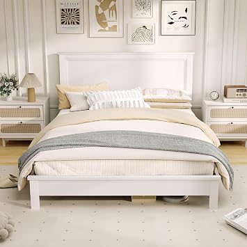 KOMFOTT Queen Size Wood Platform Bed Frame with Headboard, Wooden Mid Century Platform Bed with Slat Support & Under Bed Storage, Mattress Foundation Bed Base, No Box Spring Needed, White