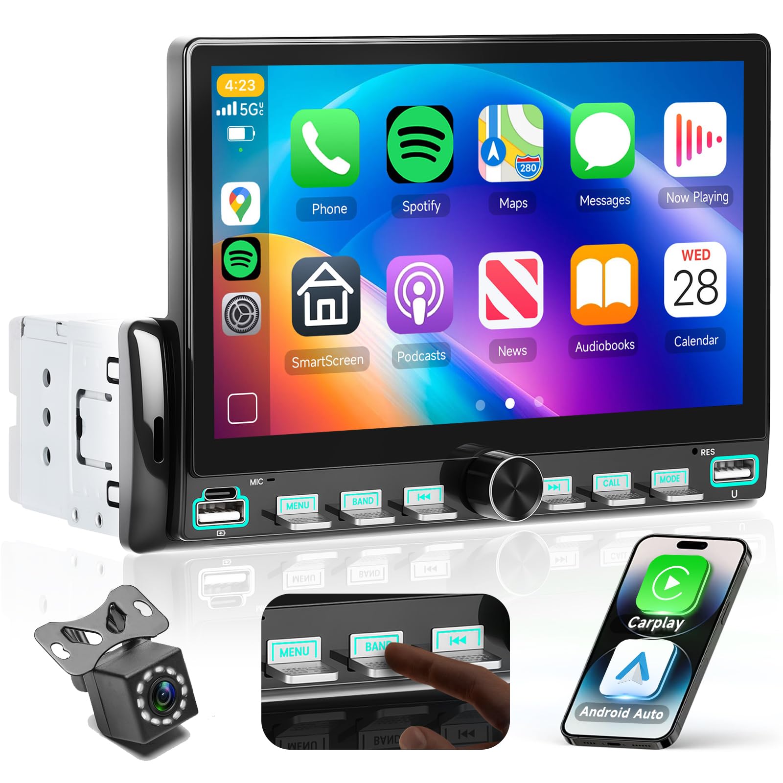 VECHTEL 7" Autoradio 1 Din con carplay wireless Android Auto, radio FM con Blurtooth, sistema di navigazione,2 USB/SD/AUX,con tasti pianoforte,video online,Mirror Link,telecamera di retromarcia
