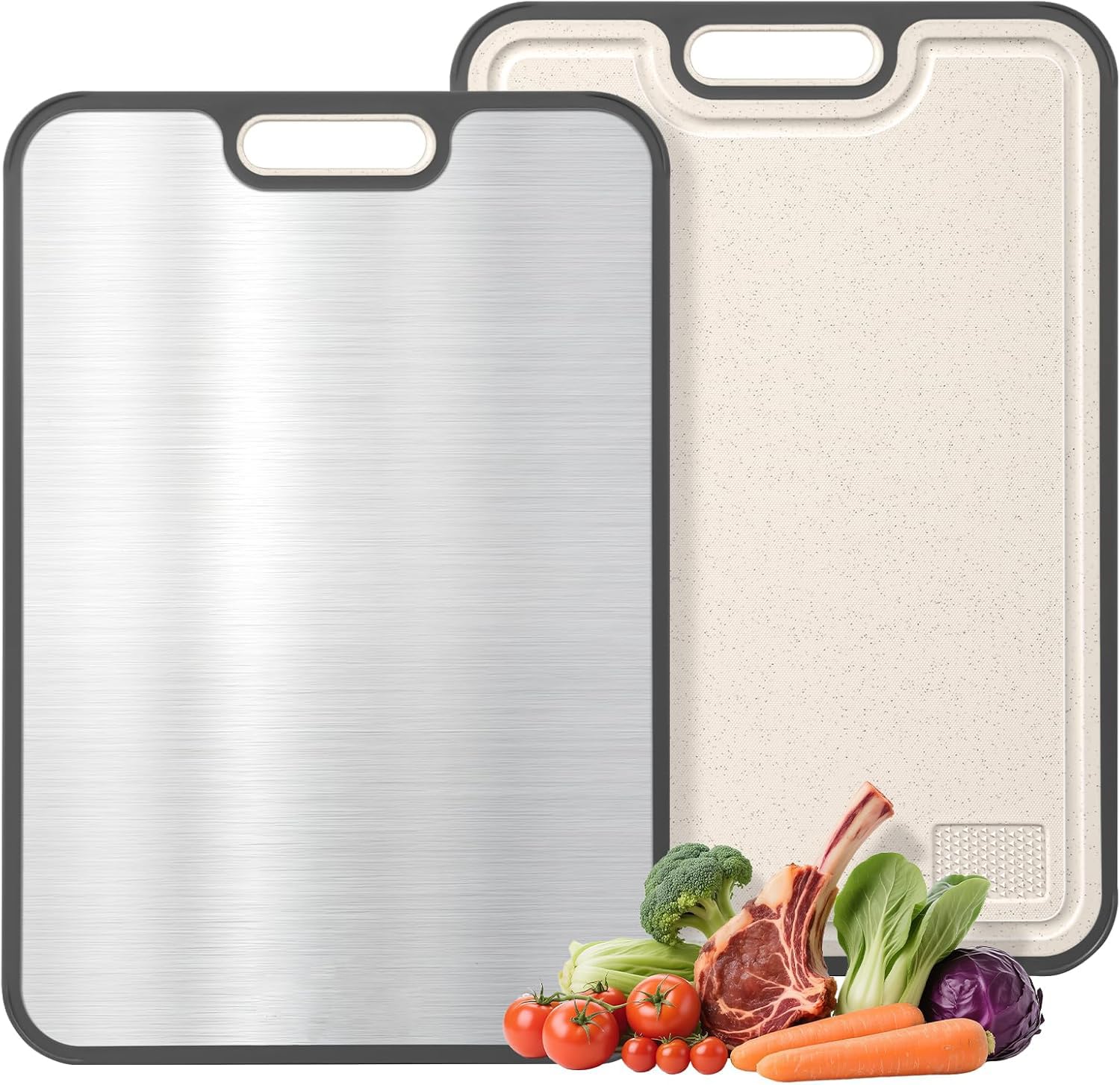 CPOTAM Cutting Board for Kitchen 304 Stainless Steel Chopping Boards Double Sided Food-Grade Wheat Straw, Non Toxic Chopping Board for Meat and Vegetables, Dishwasher Safe