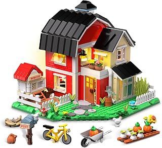 Country Farm House Building Set with LED Lights, 1268 PCS Rural Villa Building Blocks Set with Chicken Coop, Flowers, Animals - Home Office Decor, Christmas Birthday Gift for Adults Teen Kids Ages 8+
