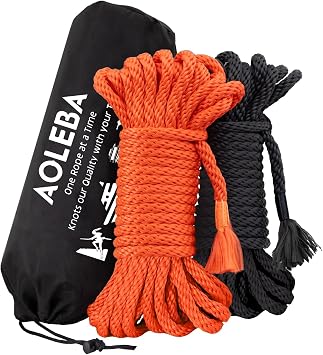 AOLEBA Skin Friendly 8mm Soft Silk Rope, Rope for Knot Tying Practice Beginners, Multiple Strands Braided Polypropylene, 2 Sets 32 Ft Ropes with Storage Dust Bag Black and Orange