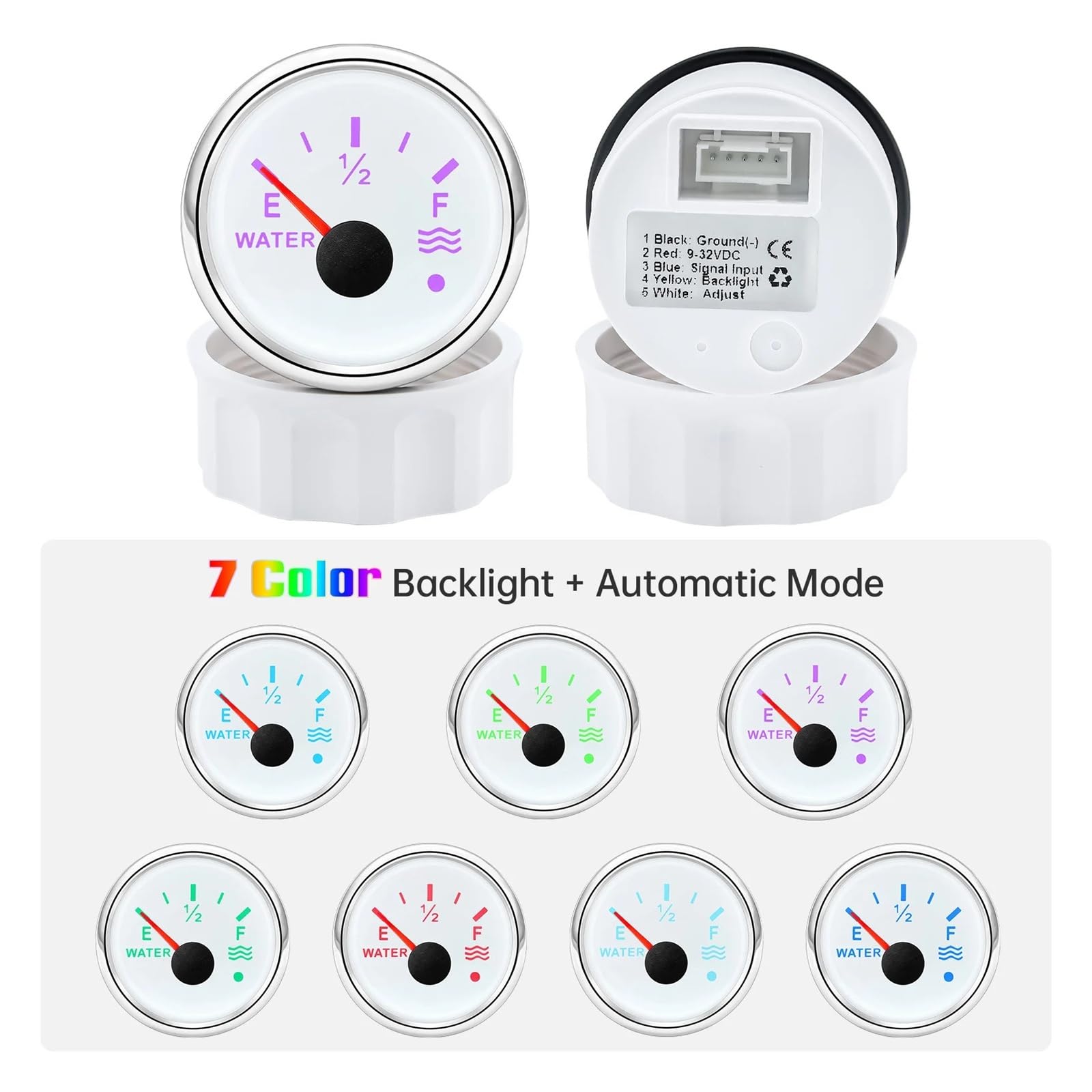 52-mm-Wasserstandsanzeige, 7-Farben-Hintergrundbeleuchtung mit Blitzalarm + Wasserstand-Schwimmersensor 0-190 Ohm Autoanzeige Universal(With 400mm sensor)