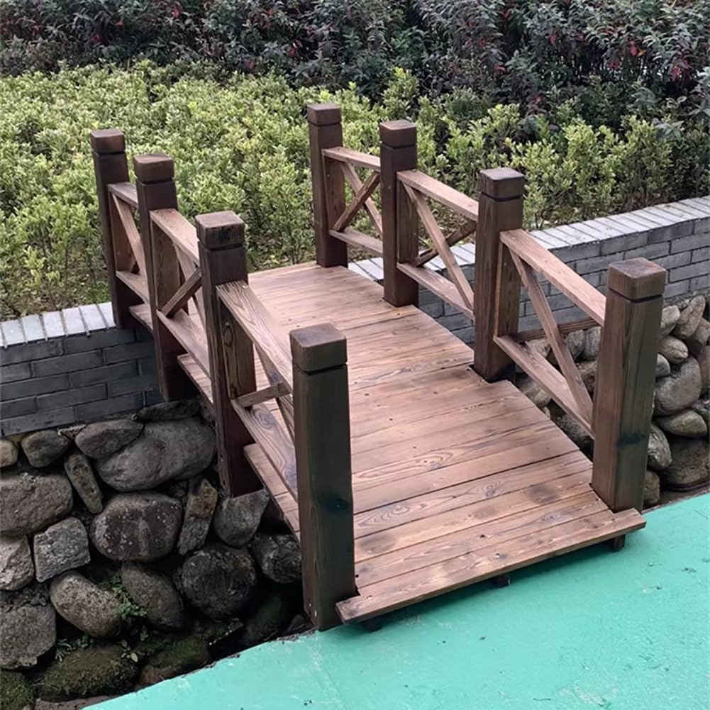 Japanese Style Curved Wooden Pond Bridge, Outdoor Lawn Pond Bridge Walkway, Classic Wooden Arch with Safety Railing, Brown Footbridge, Carbonized Craft,Total Length 140cm
