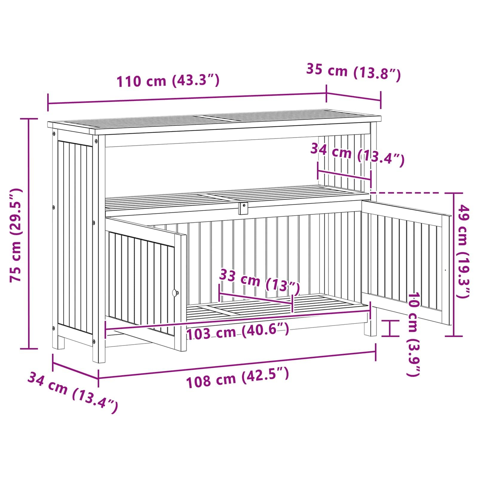vidaXL Gartenkonsole Tisch Helles Akazienholz 110 x 35 x 75 cm, Garten, Rechteckig, Rustikal, Langlebig, Genügend Platz für die Aufbewahrung und Organisation von Werkzeugen und Zubehör auch in engen R