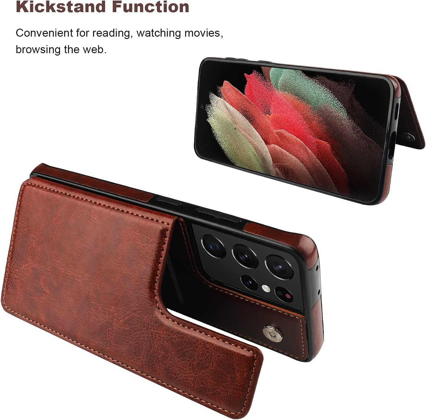 ONETOP Compatible with Samsung Galaxy S21 Ultra Wallet Case with Card Holder, PU Leather Kickstand Card Slots Case, Double Magnetic Clasp and Durable Shockproof Cover 5G 6.8 Inch(Brown)