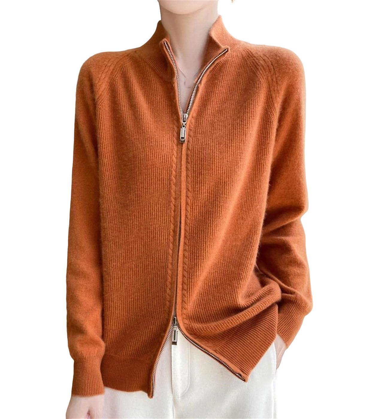 Womens Solid Wool Zipper Semi-Turtleneck Knitted Coat Loose Double Zipper Sweater Autumn Winter Top