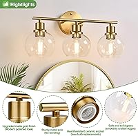 Vista 3 de Lámparas de baño de 3 luces, luces de tocador modernas de oro cepillado sobre espejo con pantalla de globo de vidrio transparente, apliques de pared