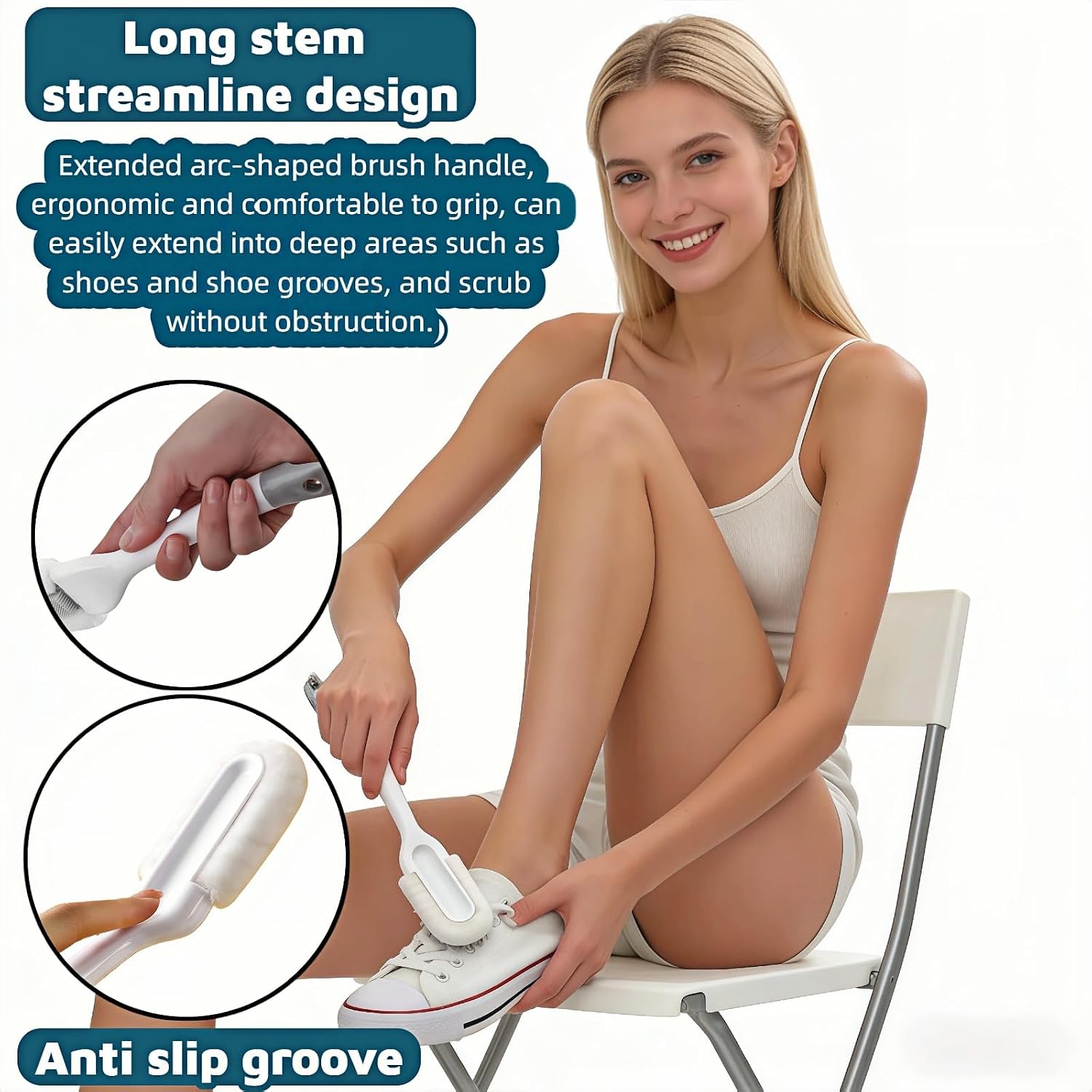 Professional Shoe Cleaning Brush Long Handle - Dual-Action Soft Bristle Shoe Scrubber for Sneakers, Leather, White Shoes | U-Shaped Head & Pointed Tip | Hanging Hole Design (White)