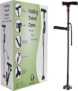Smart Walking Cane with LED Light, Flashlight & Alarm - Foldable, Adjustable, Self-Standing Tripod Cane for Seniors and Adults
