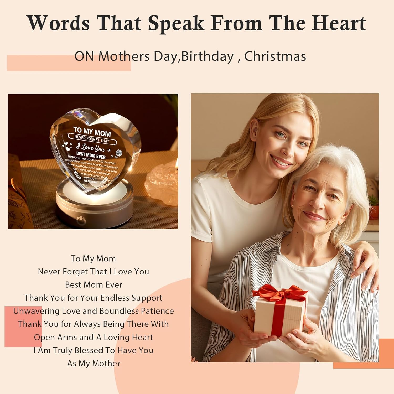 IFOLAINA Mom Gifts for Mothers Day Birthday Gifts from Daughter Son to My Mom Heart Crystal Keepsake with LED Base Engraved Night Light Decor