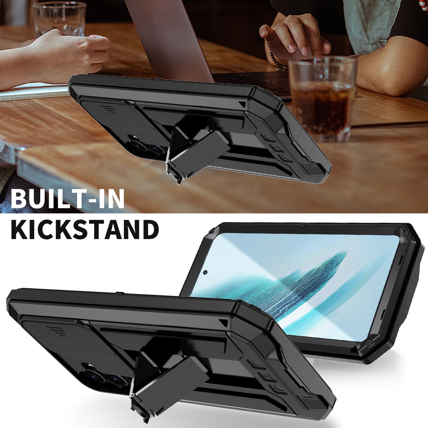 for Samsung Galaxy S24 Plus 5G Case, Aluminum Metal Gorilla Glass Shockproof Military Heavy Duty Sturdy Protector Cover,with Sliding Camera Cover and Built-in Foldable Kickstand (Black)