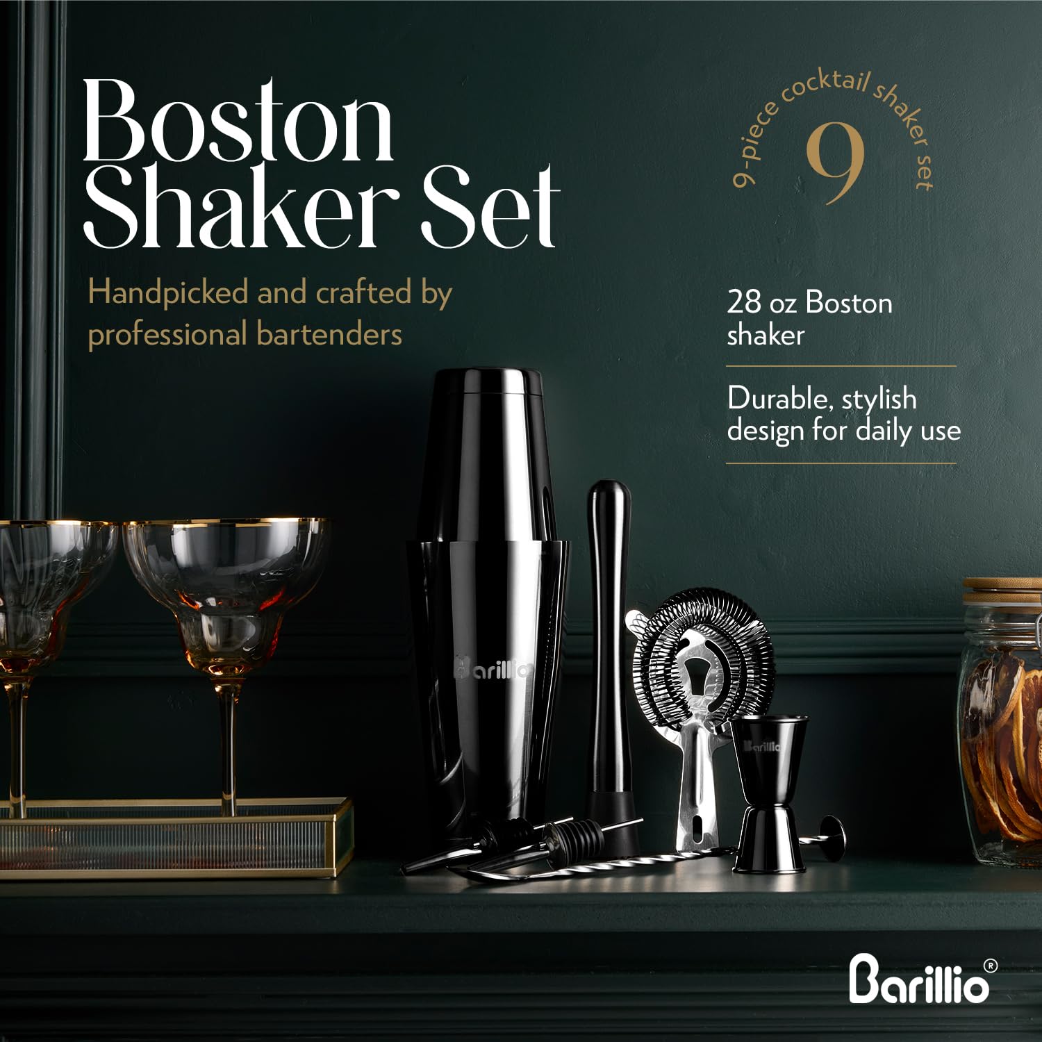 Barillio Black Boston - Juego de coctelera de acero inoxidable con peso para coctelera Martini con colador y mezclador, kit de barman de mixología, juego de bar para el hogar, juego de coctelera de 9