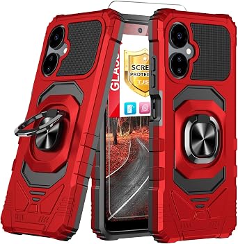 TJS Compatible for Boost Mobile Celero 5G 2024 3rd Version Case, with Tempered Glass Screen Protector Metal Ring Magnetic Support Kickstand Heavy Duty Drop Protection Celero3 5G Phone Case Red