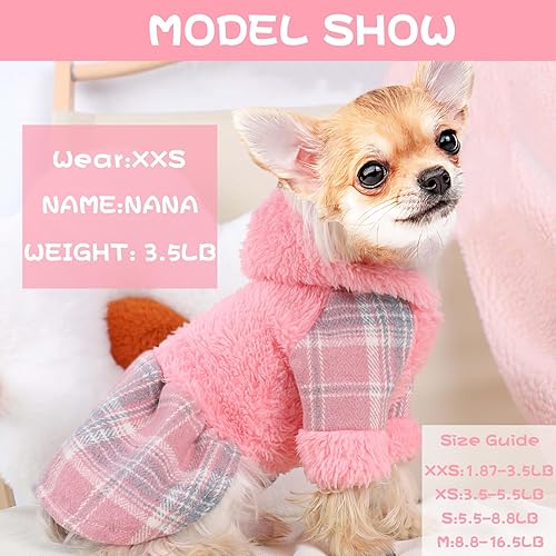 Miniatura 2 de Vestido de invierno para perro, lindo suéter de forro polar cálido con capucha para perros pequeños, vestidos de cachorro a cuadros rosados, ropa