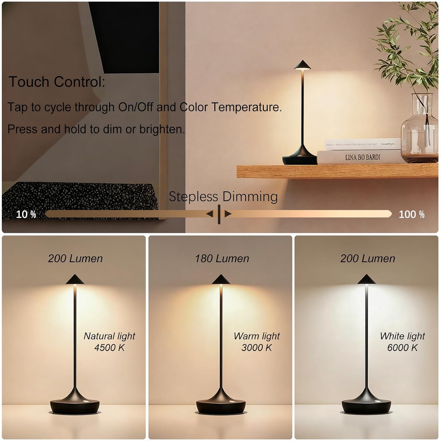 2-Pack Cordless Rechargeable LED Table Lamps, Metal, 3 Color Touch Stepless Dimmable, IP54 Waterproof Portable Battery Operated for Outdoor Dining Patio Restaurant Home Decor, Mocha