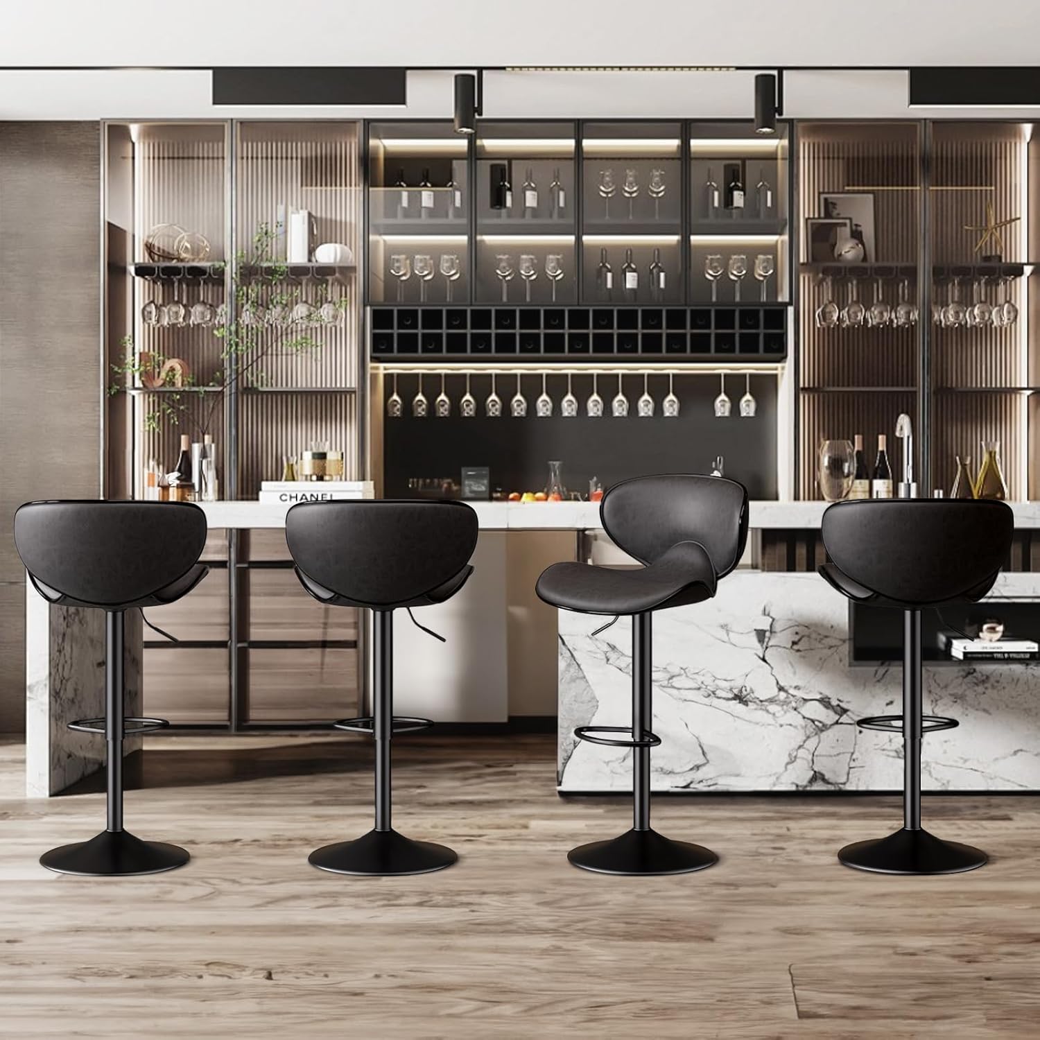 Nebuaegis Bar Stools Set of 4 for Kitchen Counter, Modern PU Leather Adjustable Swivel Barstools, Upholstered Bar Chairs with Back and Thickened Seat Cushion, Barstools for Bar, Dining Room, Black1