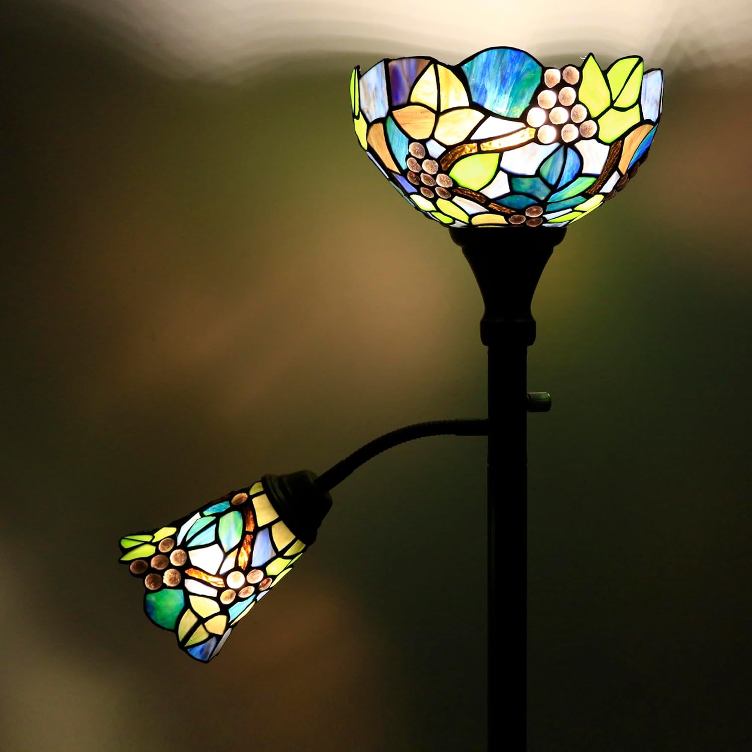 Tiffany Floor Lamp Torchiere with Side Nightlight Purple Grape Stained Glass Reading Light 10X10X71 Inches Pole Standing Corner Torch Uplight Decor Bedroom Living Room Home