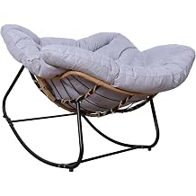 Indoor & Outdoor Rocking Chair, Oversized Rattan Royal Rocking Chair with Padded Cushion, Rocker Egg Chairs for Living Room, Patio, Front Porch, Backyard, Grey