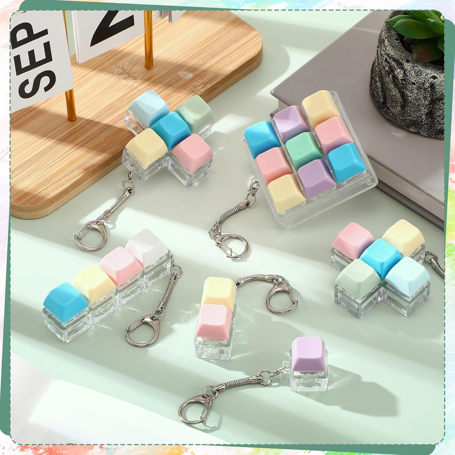 VioraWhite 16 Pcs Keyboard Fidget Keychain Fidget Keyboard Clicker Stress Relief Decompression Button Finger Clicker for Office Home Gifts Adults, 8 Clicky and 8 Silent(Mix Color,Multi Key)