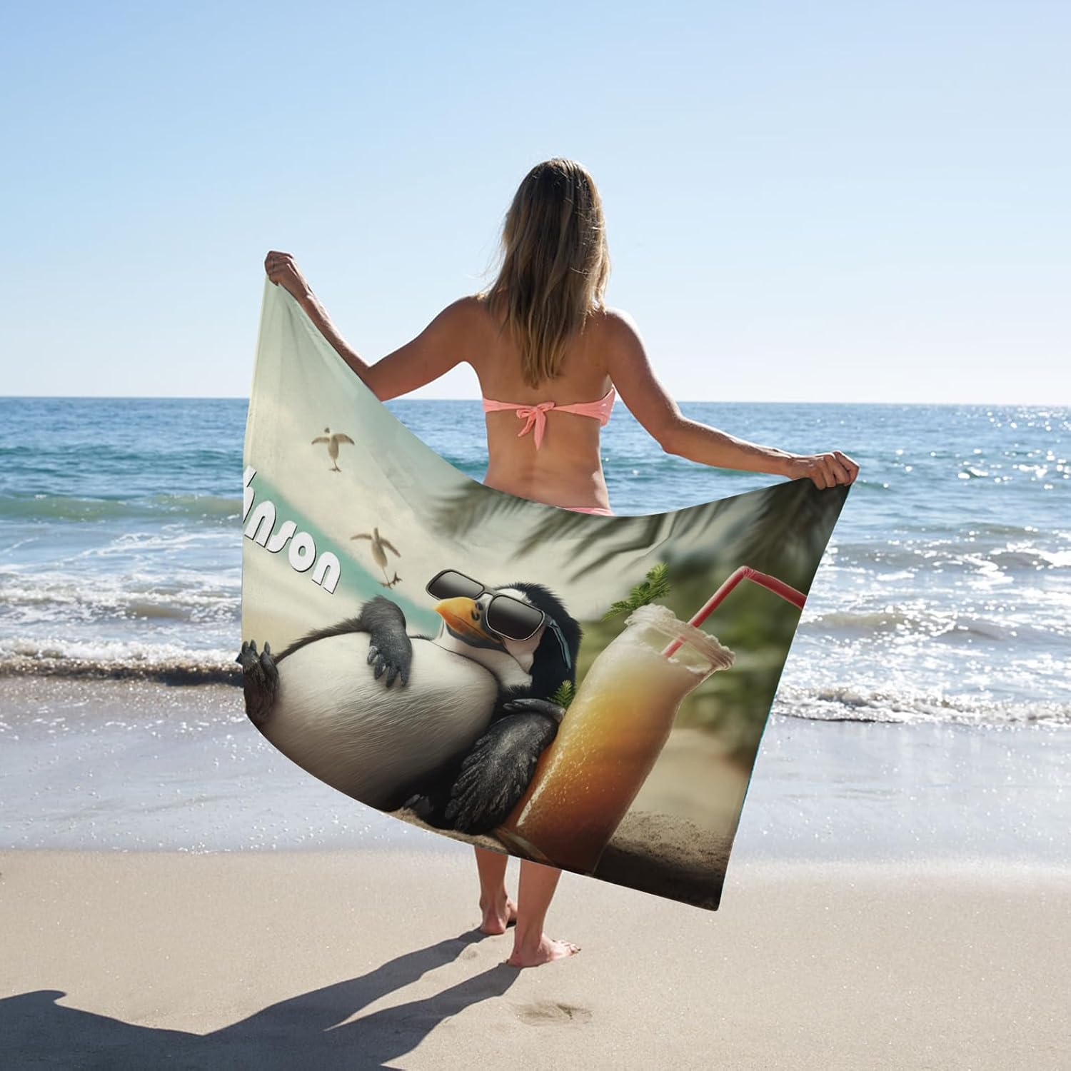 Personalized Beach Towel with Bag - Custom Name with Animal Selfies Design - Oversized Soft Absorbent Microfiber Bath Pool Towels for Baby Kids Adults Boys Girls Gifts Color19-Penguin