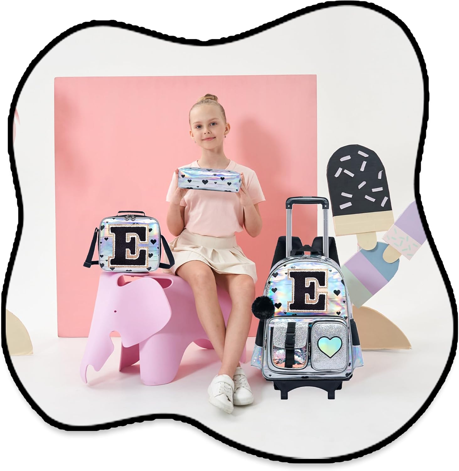 HTgroce Cute Rolling Backpack with Wheel,School Backpack for Kids Girl Roller Schoolbag Wheeled Backpacks Set Carry-on Luggage,Initial E