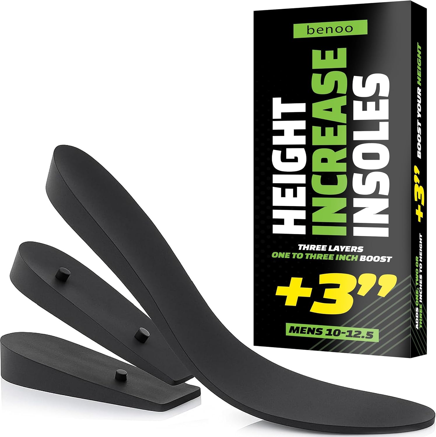 Height Increase Insoles for Mens Shoes (1 to 3" Boost) Adjustable 3 Layer Height Booster Inserts to Make You Instantly Taller, Heel Lifts (Mens 10-12.5)
