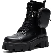 Women's Platform Combat Boots - Lace Up Chunky Ankle Booties with Built-in Zippered Pouch - Side Zipper Lug Sole Boots with Buckle Strap Round Toe (Monalisa)