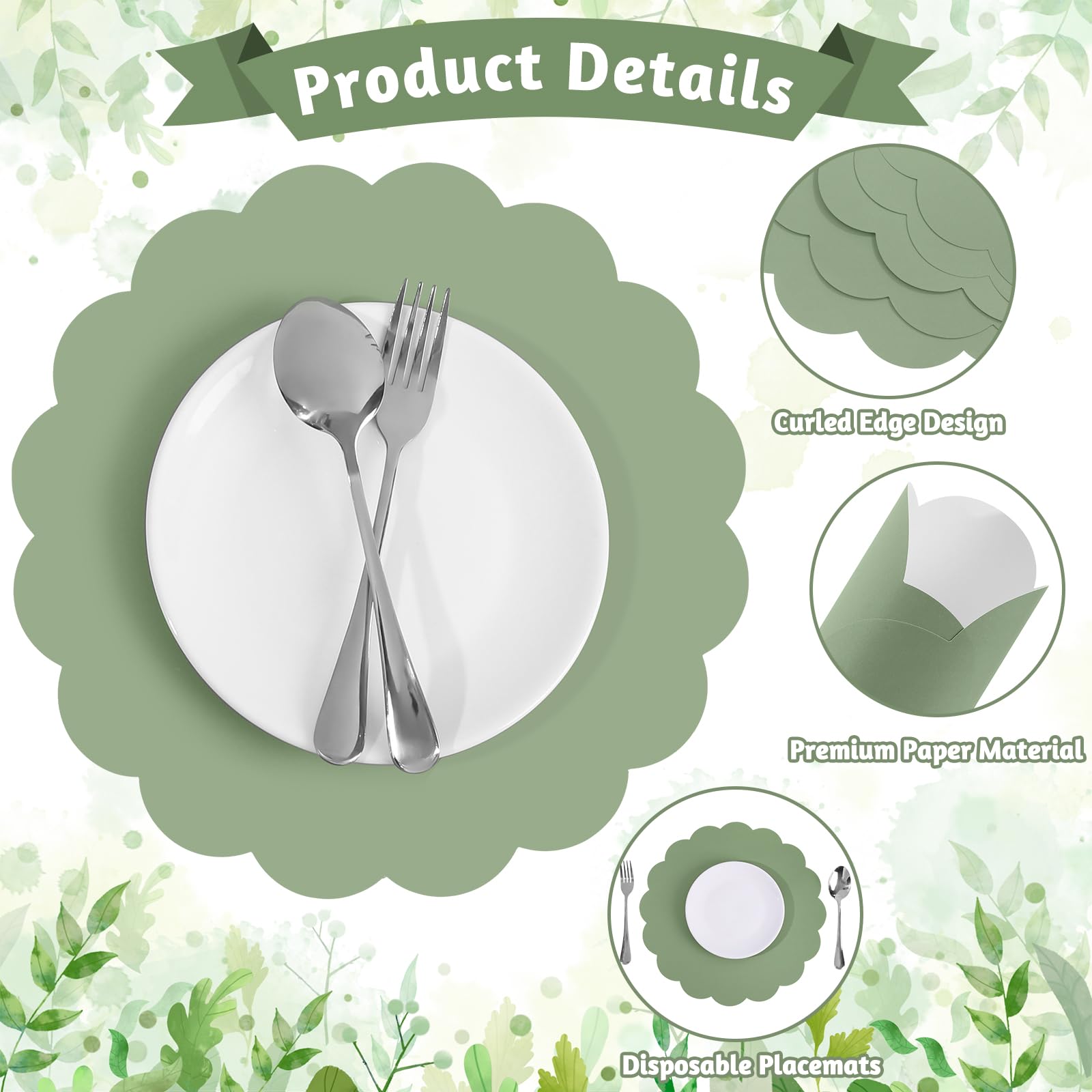 120 manteles individuales de papel verde salvia, 13.5 pulgadas festoneados | Papel grueso, protege las mesas de derrames, festoneado, desechable, para bodas, duchas, fiestas de té, banquetes
