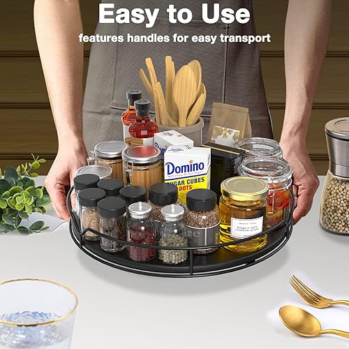 Miniatura 5 de Lazy Susan - Organizador giratorio con alfombrilla antideslizante para gabinete, despensa, cocina, encimera, refrigerador, oficina, madera de pino,