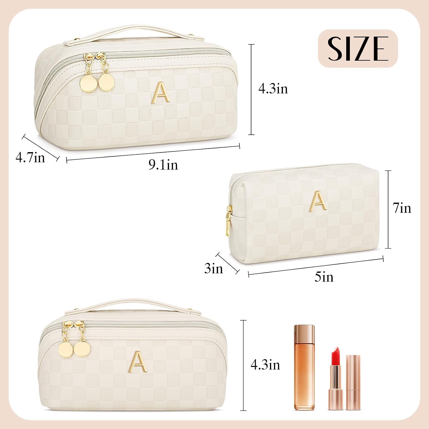 Personalized Birthday Gifts for Women - Initial Makeup Bag Waterproof Travel Makeup Organizer with Compartments PU Leather Cosmetic Travel Toiletry Bag (CheckeredBeige,A)