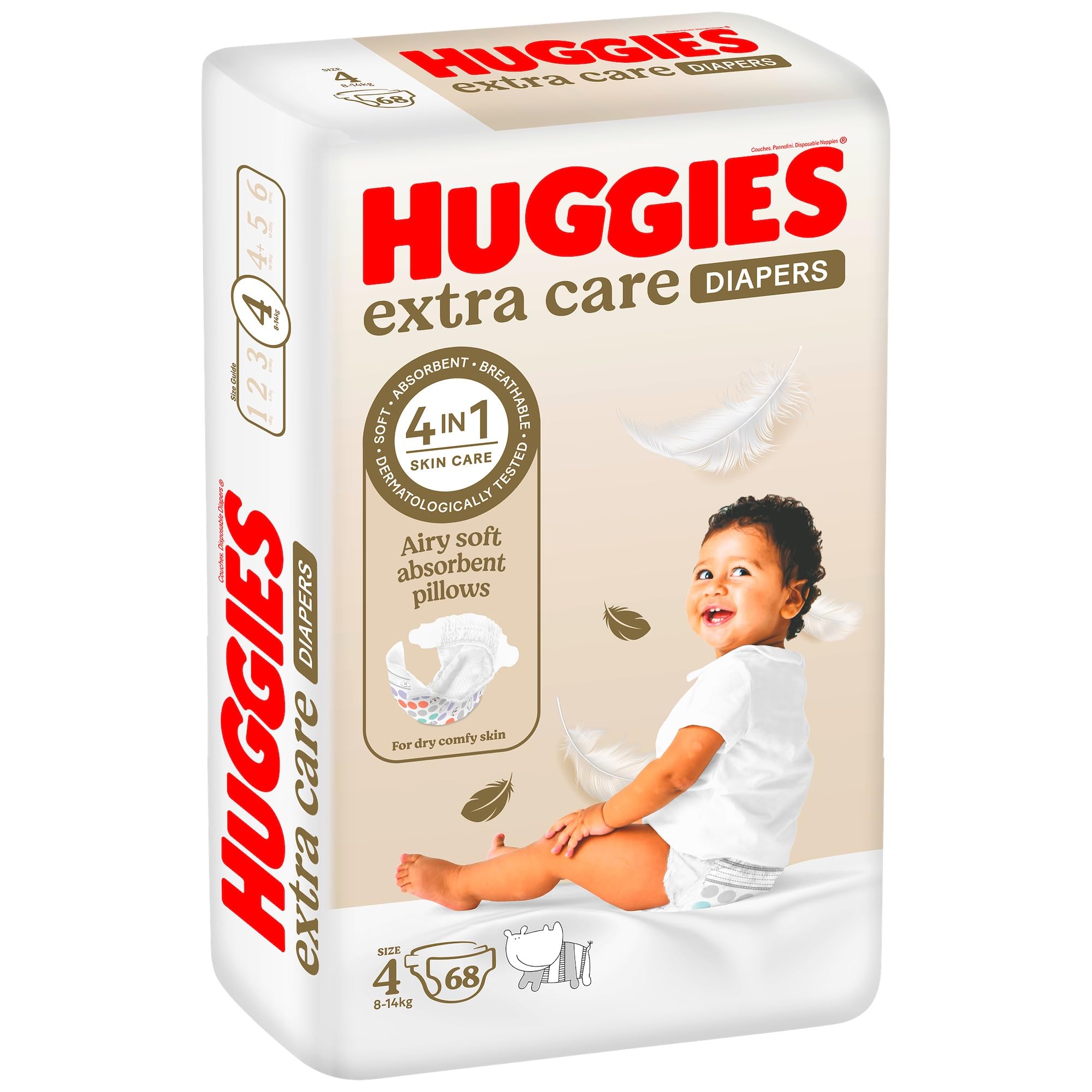 Huggies Extra Care Jumbo Pack Size 4 (68 Diapers) – Soft Taped Baby Diapers with Absorbent Core and Wetness Indicator, Gentle Skin Comfort and Day-Night Leak Protection, Value Pack