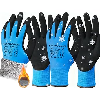 Waterproof Thermal Winter Work Gloves Polar Fleece Lining Excellent Grip Double Latex Coating Blue-2 Pairs L