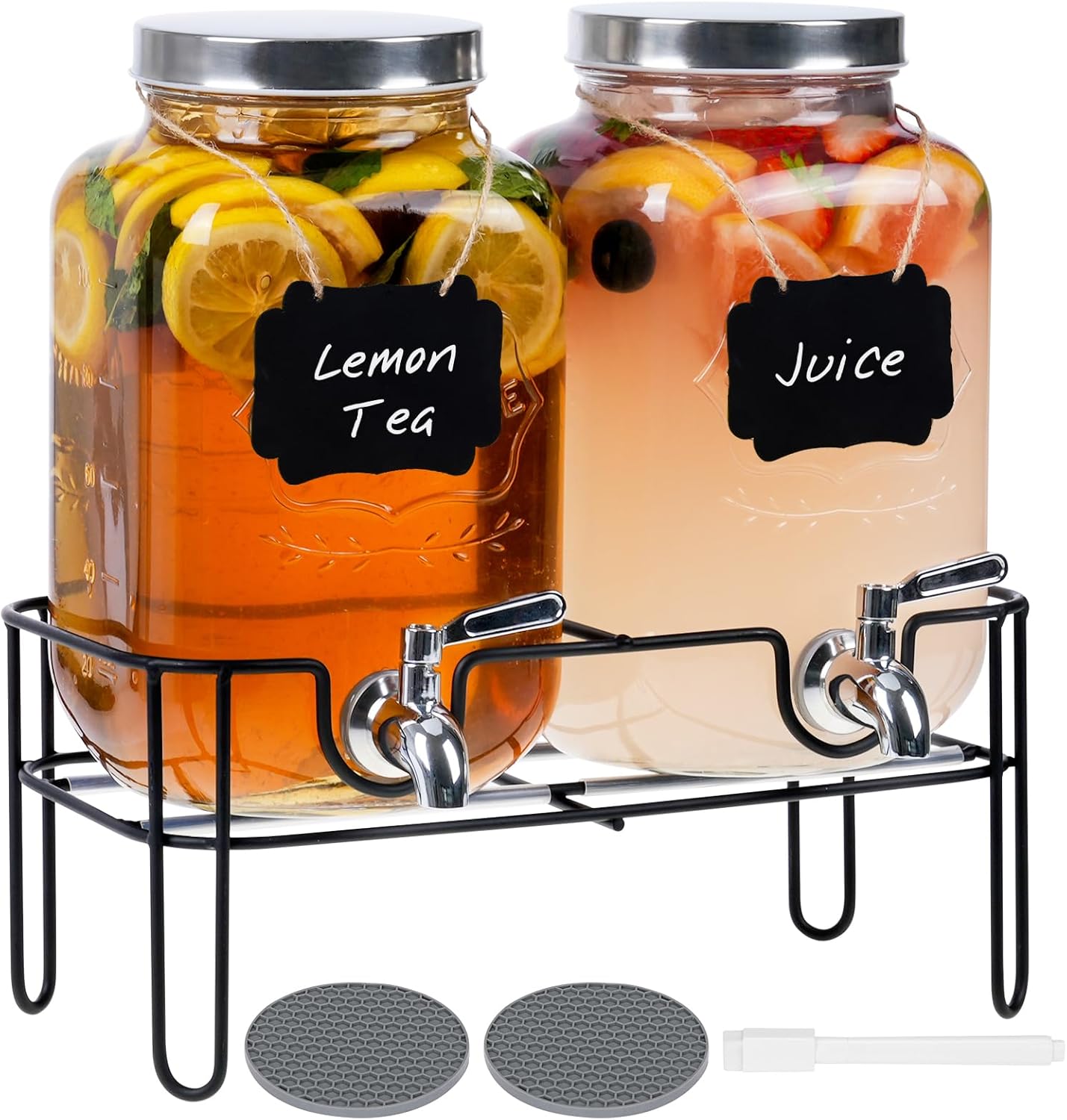 Moretoes 2-Pack 1 Gallon Glass Beverage Dispensers with Stands & Coasters - Ideal for Parties, Juice, Iced Tea, Lemonade
