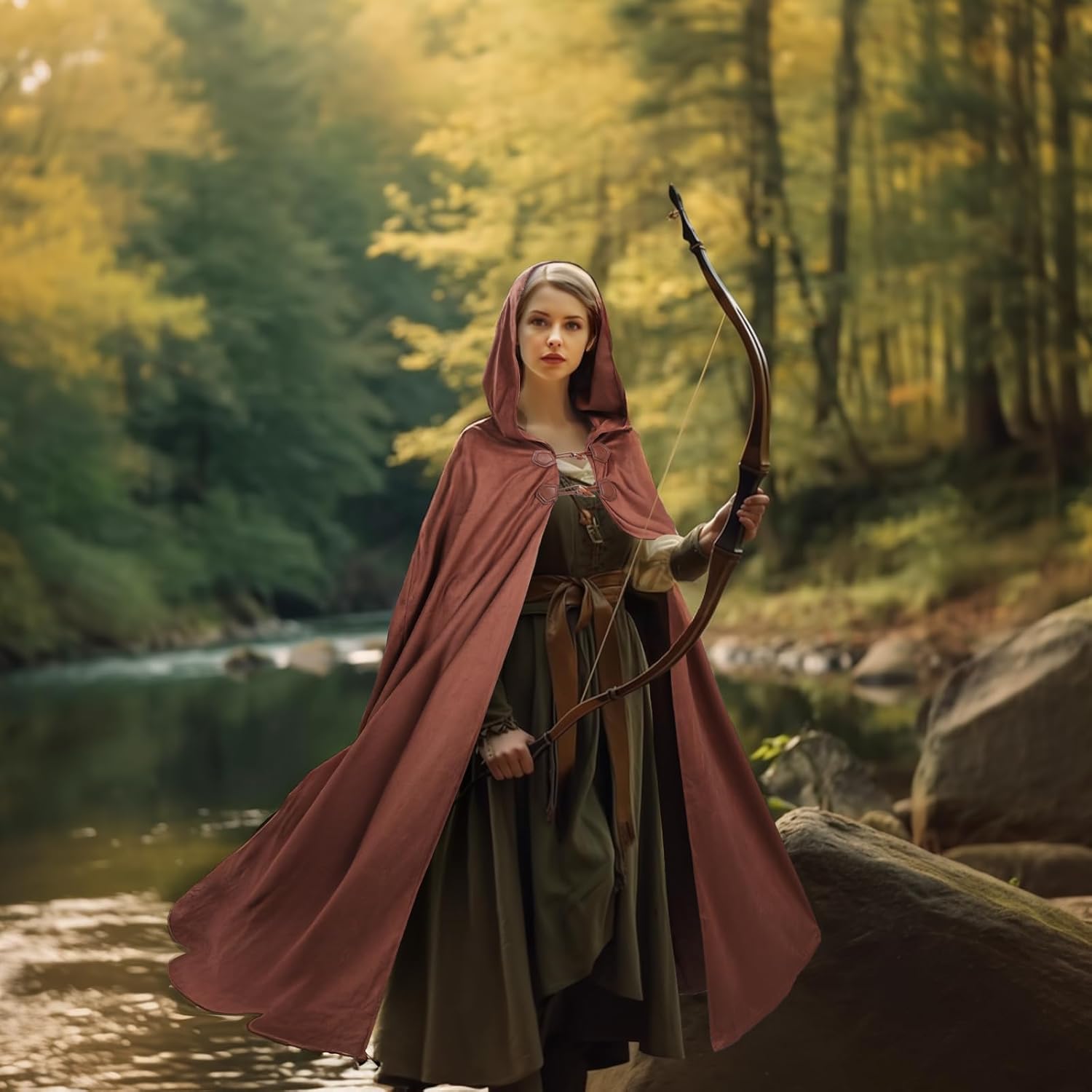 Velvet Renaissance Hooded Cloak with Lining & Horn Button, Medieval Viking Cape Robe for Men Women Halloween Costume - Image 5